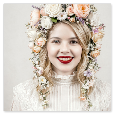 Eine hellhäutige, blonde Frau mit strahlendem Lächeln und dunkelrotem Lippenstift trägt einen üppigen, traditionellen Blumenkranz aus pastellfarbenen Rosen, Pfingstrosen und Schleierkraut. Sie trägt eine hochgeschlossene weiße Bluse mit detailreicher Spitze.