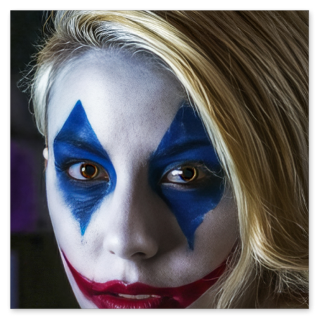 Eine blonde Frau mit intensivem Harlekin- oder Joker-Make-up blickt direkt nach vorne. Das Gesicht ist weiß geschminkt, die Augen sind mit großen, blauen Rauten umrandet und die Lippen zu einem breiten, roten Grinsen gezogen.