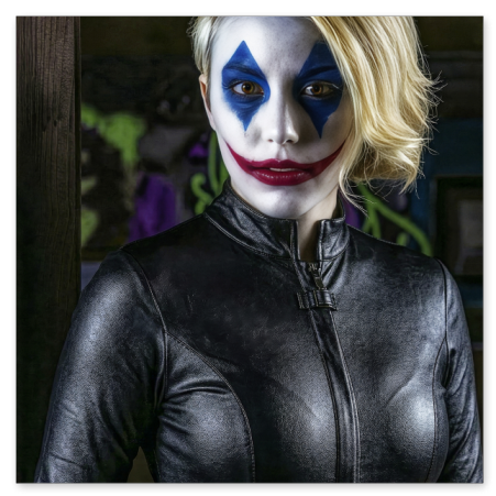 Eine blonde Frau in einem eng anliegenden, schwarzen Lederanzug mit Reißverschluss posiert mit einem Joker- oder Harlekin-Make-up. Ihr Gesicht ist weiß geschminkt, die Augen haben blaue Rauten-Muster und die Lippen sind zu einem breiten Grinsen geschminkt.