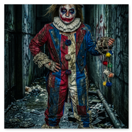 Ein unheimlicher Clown mit zerzausten Haaren, verzerrter Schminke und einem abgetragenen Zylinder steht in einer verlassenen, dunklen Gasse voller Schutt. Er trägt einen dreckigen Overall mit Rüschen und hält eine Schnur mit farbigen Pompons.