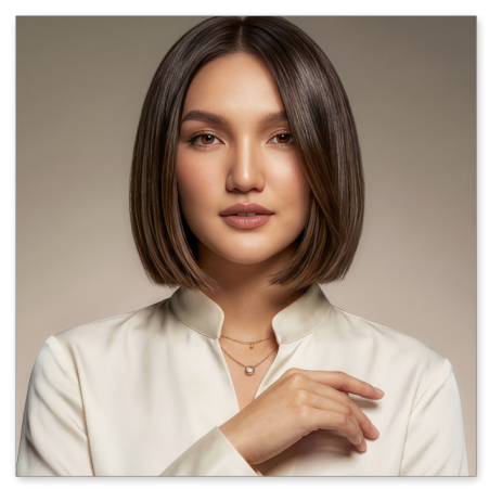 Eine elegante Frau mit glatter, brauner Bob-Frisur und Mittelscheitel blickt ruhig in die Kamera. Sie trägt eine stilvolle, cremefarbene Bluse, feine goldene Halsketten und hält eine Hand elegant an ihren Kragen vor einem beigen Studiohintergrund.