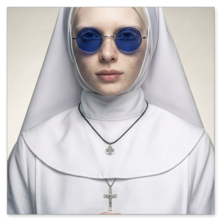 Eine junge Frau mit platinblondem Haar und Sommersprossen trägt eine traditionelle, rein weiße Nonnenkluft mit Schleier. Sie blickt mit einer runden, dunkelblauen Sonnenbrille nach vorne und hält einen Rosenkranz mit einem silbernen Kruzifix in der Hand.