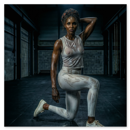 Eine sportliche Schwarze Frau posiert in einer düsteren, industrieartigen Halle in einem Ausfallschritt. Sie trägt ein helles, gemustertes Sport-Top, passende Leggings sowie Sneaker. Ihre Haut ist schweißgebadet und wird von einem Deckenstrahler von oben intensiv beleuchtet.