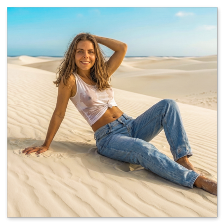Eine junge Frau mit langen, braunen Haaren sitzt lächelnd barfuß in einer hellen Dünenlandschaft. Sie trägt eine lange blaue Jeans und ein bauchfreies, weiß geknotetes Top. Im Hintergrund erstrecken sich feine Sanddünen unter einem blauen Himmel.