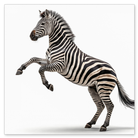 Ein ausgewachsenes Zebra posiert dynamisch auf den Hinterbeinen stehend vor einem komplett weißen Hintergrund. Die Vorderbeine sind in der Luft angewinkelt, der Schweif weht leicht nach hinten und das Streifenmuster zeichnet sich scharf ab.