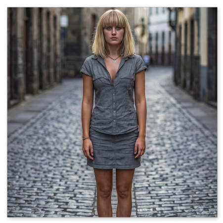 Eine junge, blonde Frau mit geradem Pony steht frontal in einer engen, historischen Altstadtgasse. Sie trägt eine kurzärmelige, graue Kombination aus Hemdbluse und Rock sowie flache Sandalen. Der Hintergrund mit den Steinhäusern läuft unscharf zu.