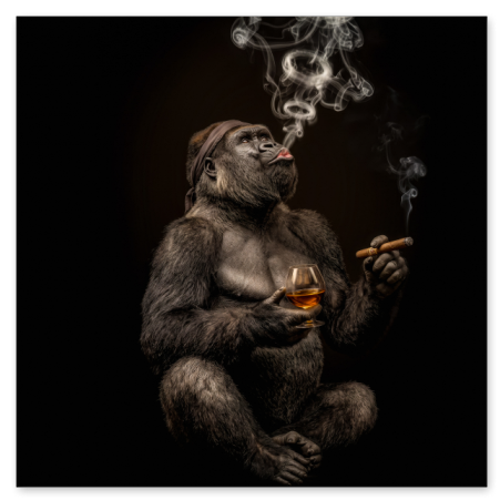 Ein Gorilla sitzt im Schneidersitz vor einem tiefschwarzen Hintergrund. Er hält in der einen Hand ein Schwenker-Glas mit bernsteinfarbenem Cognac und in der anderen Hand eine brennende Zigarre. Aus seinem Mund steigen perfekt geformte Rauchringe nach oben.