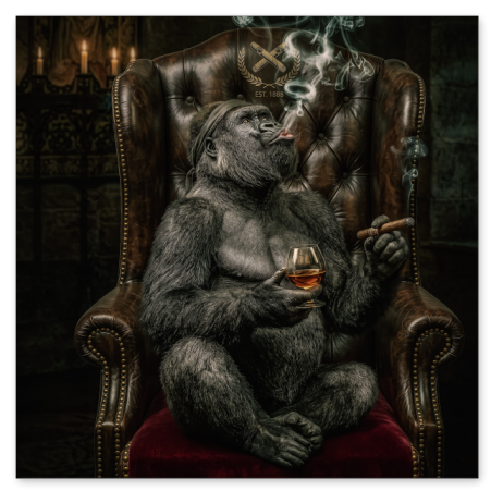 Ein Gorilla sitzt entspannt auf einem großen, braunen Leder-Ohrensessel im Chesterfield-Stil mit einem roten Samtkissen. In den Händen hält er ein Glas Cognac und eine Zigarre, während er Rauchringe in einem schummerigen Raum mit brennenden Kerzen emporbläst.