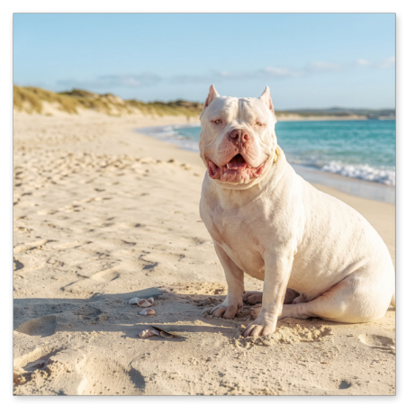 Ein Tag am Meer: Der majestätische weiße Hund genießt sichtlich die Sonne am feinen Sandstrand. Das türkisfarbene Wasser im Hintergrund sorgt für eine rundum idyllische Urlaubsstimmung.