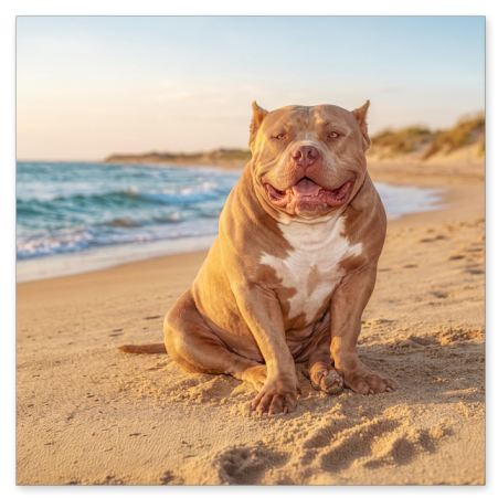Ein muskulöser, brauner Hund (American Bully) mit weißem Brustfleck sitzt hechelnd und aufmerksam im warmen Sand eines Strandes, während im Hintergrund Wellen an die Küste schlagen