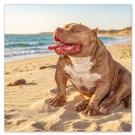  Ein muskulöser, braun-weißer Hund (American Bully) sitzt im Profil auf einem sonnigen Sandstrand. Er hat das Maul weit geöffnet, blickt glücklich in die Ferne und im Hintergrund ist das Meer zu sehen.