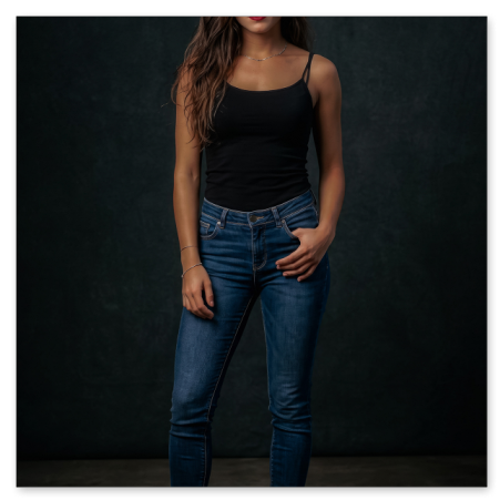 Ganzkörperaufnahme einer jungen Frau mit langen, braunen Haaren, die in einem schwarzen Spaghettiträger-Top, blauen Röhrenjeans und weißen Sneakers vor einem dunkel strukturierten Hintergrund im Fotostudio steht.