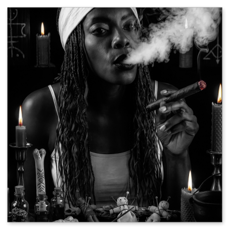  Eine Frau mit hellem Stirnband und langen, geflochtenen Haaren bläst dichten Rauch aus, während sie eine brennende Zigarre hält. Vor ihr steht ein Altar mit Voodoo-Puppen, Knochen und Kerzen in einer rituellen, düsteren Kulisse.